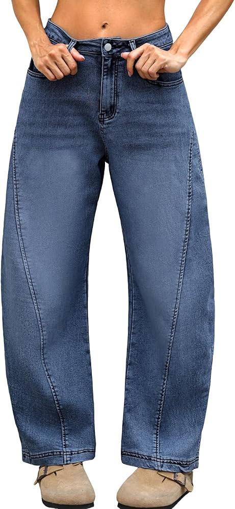 ELLEVEN Barrel Jeans for Women Stretchy Denim Pants Boyfriend Baggy Mid Rise Sweatpant Jeans | Amazon (US)