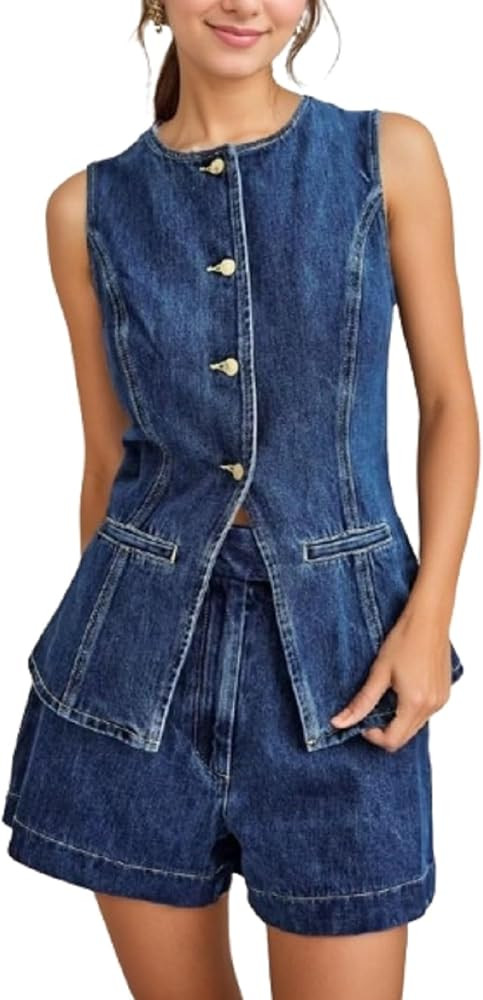 Denim Vest 2 Piece Sets High Waist Shorts Old Money Clothes Jean Jacket Y2K Business Casual Outfi... | Amazon (US)