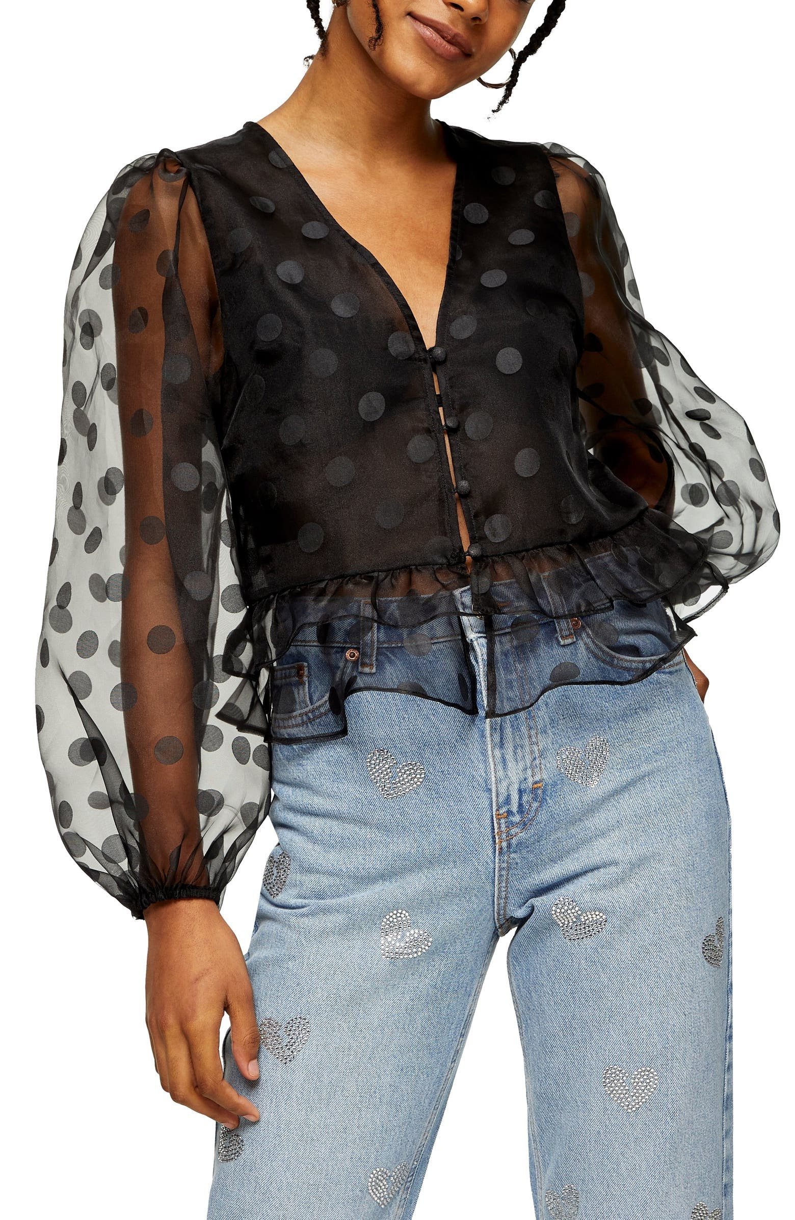 Spot Detail Long Sleeve Organza Peplum Blouse | Nordstrom