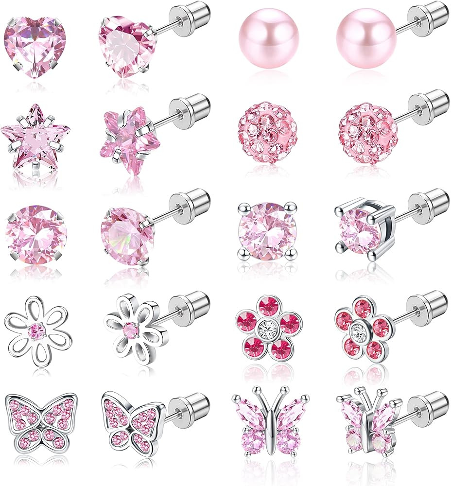 SAILIMUE 10 Pairs Hypoallergenic ScrewBack Earrings for Women 316L Stainless Steel Heart CZ Screw... | Amazon (US)