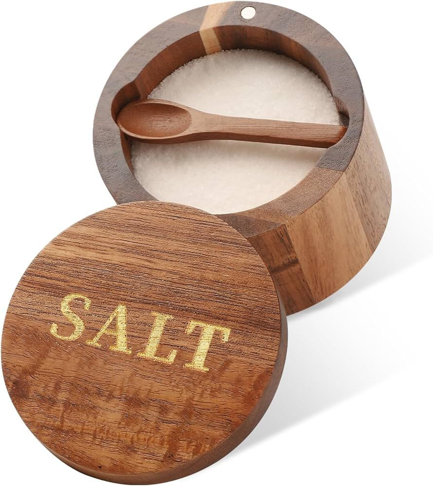 Timtopno Salt Cellar, Acacia Wood Salt Container with Built-in Spoon & Swivel Lid, Engraved SALT ... | Amazon (US)