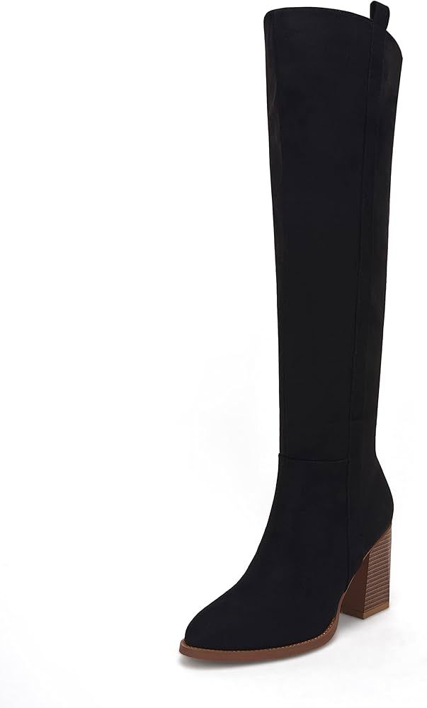 Ermonn Womens Faux Suede Knee High Side Zipper Chunky Heel Stretch Winter Boots | Amazon (US)