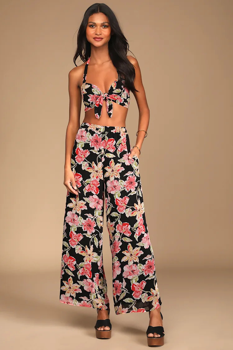 Tropical Travels Black Floral Print Tie-Front Two-Piece Jumpsuit | Lulus (US)