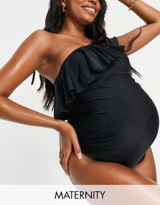 Wolf & Whistle Maternity Exclusive one shoulder frill swimsuit in black | ASOS (Global)