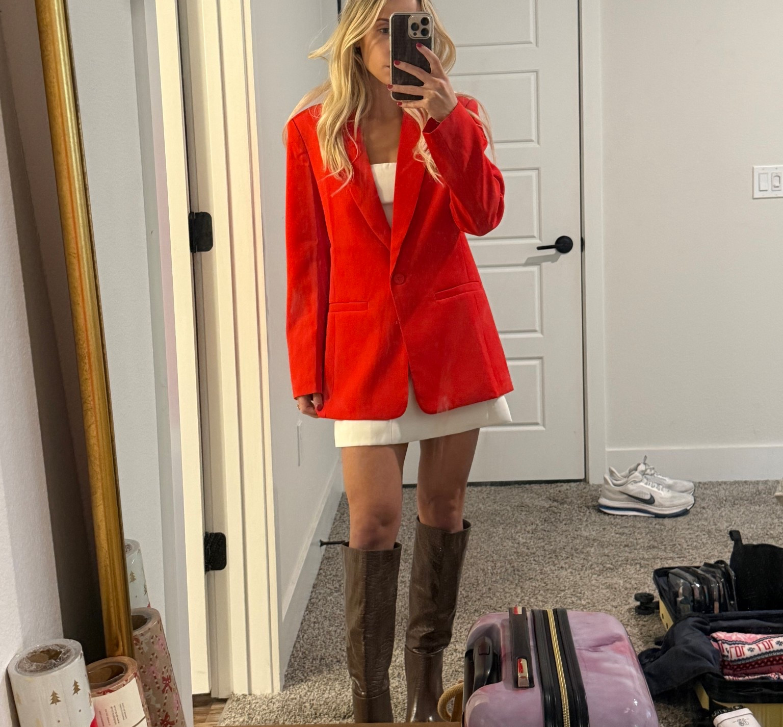 Business casual, red blazer, white dress, fall fashion, knee high boots, brown boots 

#LTKHoliday #LTKootd #LTKWorkwear