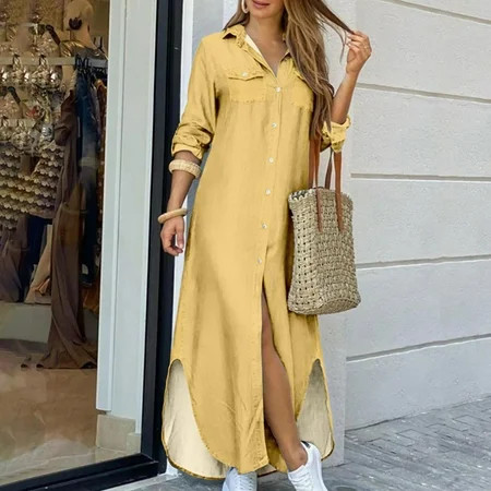 Finelylove Flowy Maxi Dress Fall Dresses For Women 2023 Sun Dress Long Long Sleeve Solid Yellow XXXX | Walmart (US)