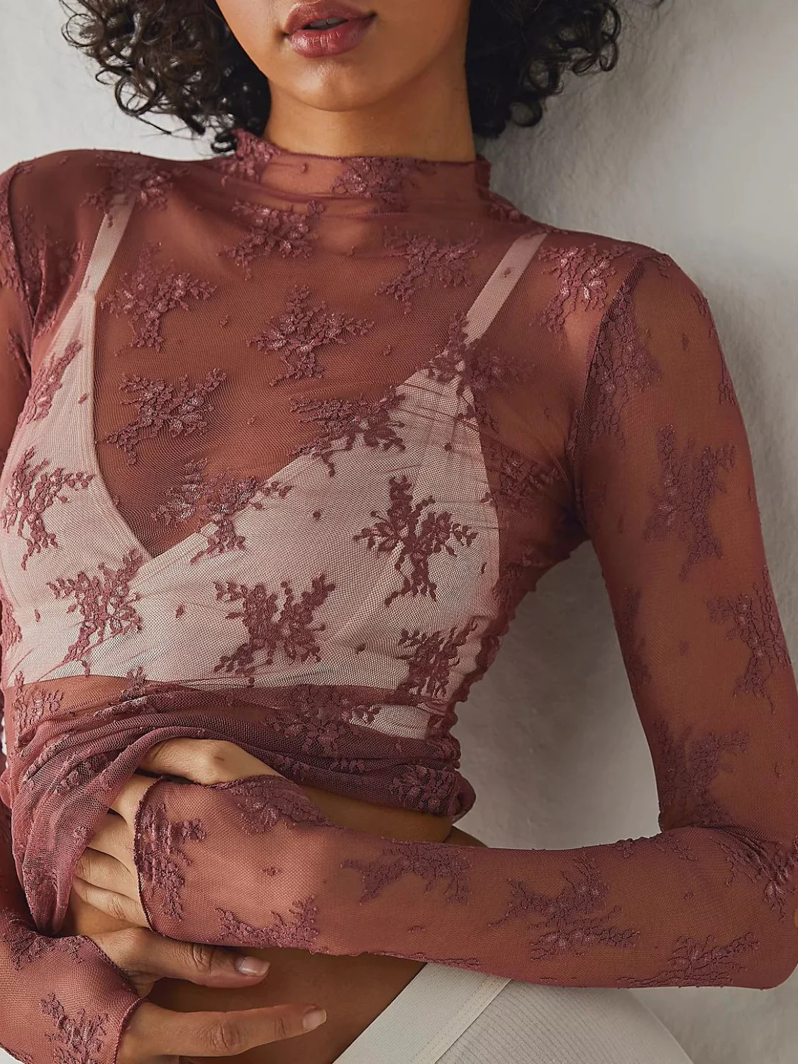 Lace Mock Neck Long Sleeve Blouse Dark Brown / L | Casual Chic Boutique