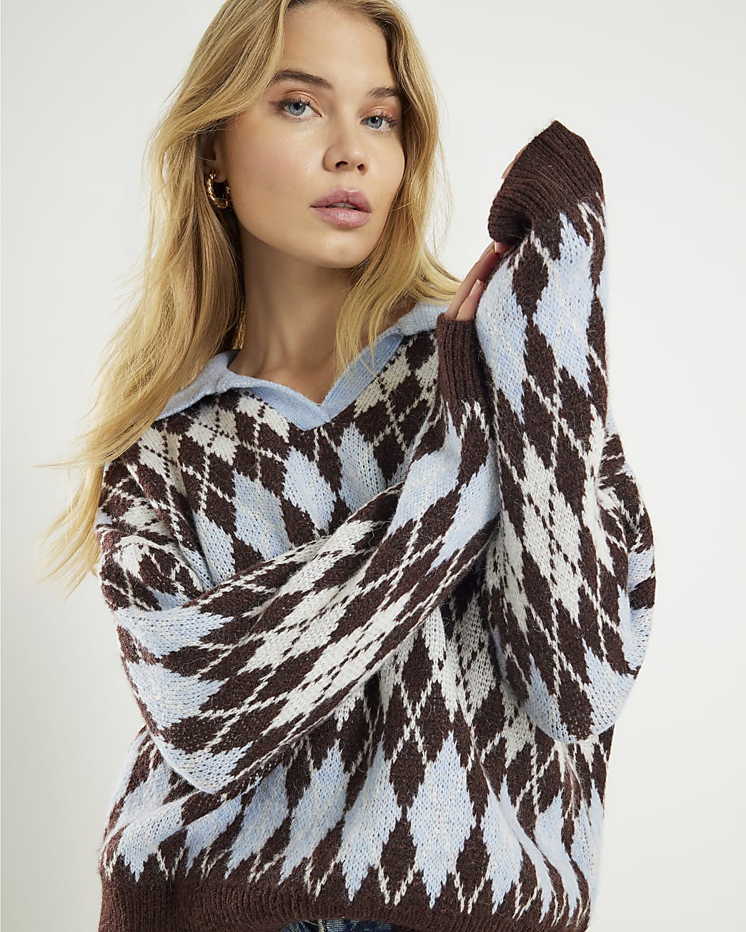 Blue Argyle Knit Jumper | River Island UK & IE