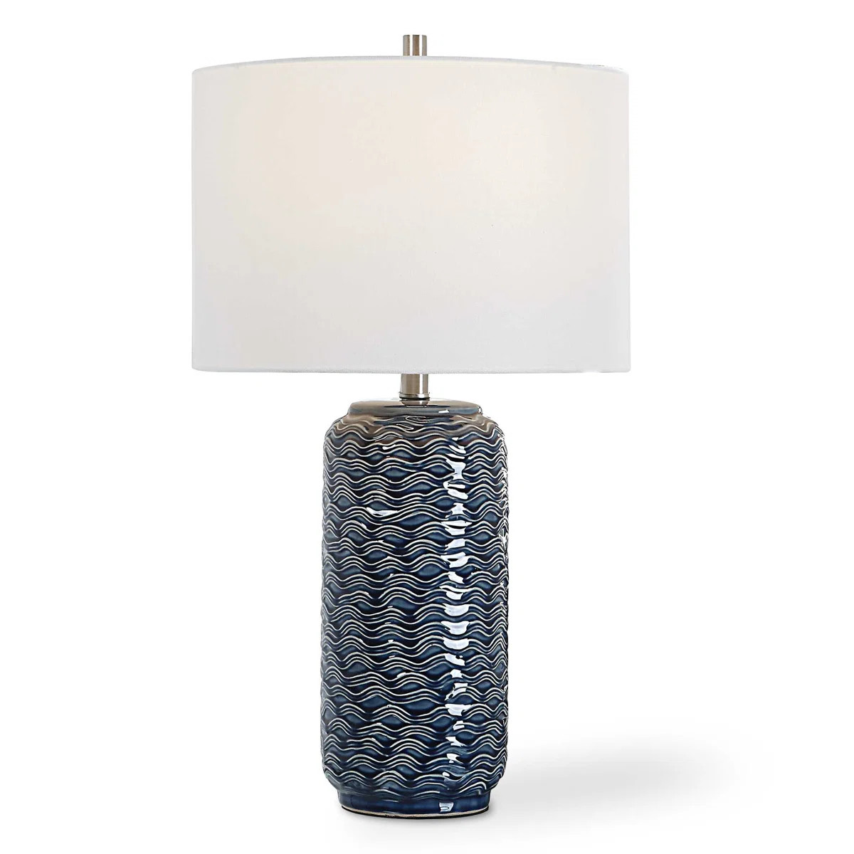 Blue Ceramic Table Lamp \u2013 26.5" H Lamp with White Linen Shade and Brushed Nickel Accents | Wayfair North America
