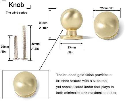 10 Pack 1 Inch (25mm) Diameter Round Solid Brushed Brass Finish Kitchen Gold Cabinet knobs. | Amazon (US)