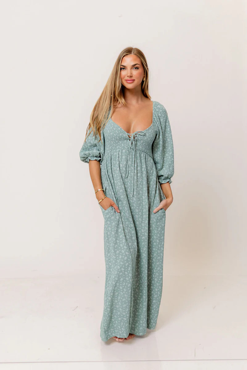 Cecilia 100% Cotton Smocked Maxi Dress in Aqua Foliage - Bump Friendly | Worth Collective