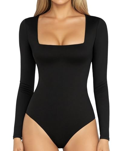 MANGOPOP Women's Square Neck Long Sleeve Bodysuit Sexy Body Suits Shirt Slim Fitted Tops A Black Medium | Amazon (US)