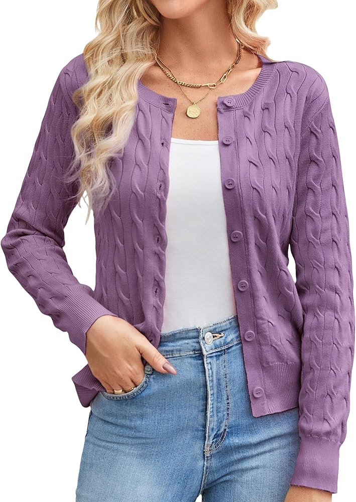 GRACE KARIN Womens Long Sleeve Button Up Cable Knit Cardigan Lightweight 2026 Crewneck Button Dow... | Amazon (US)
