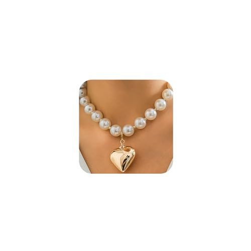 Statement Big Pearl Gold Heart Necklace for Women Trendy, (Gold) | Amazon (US)