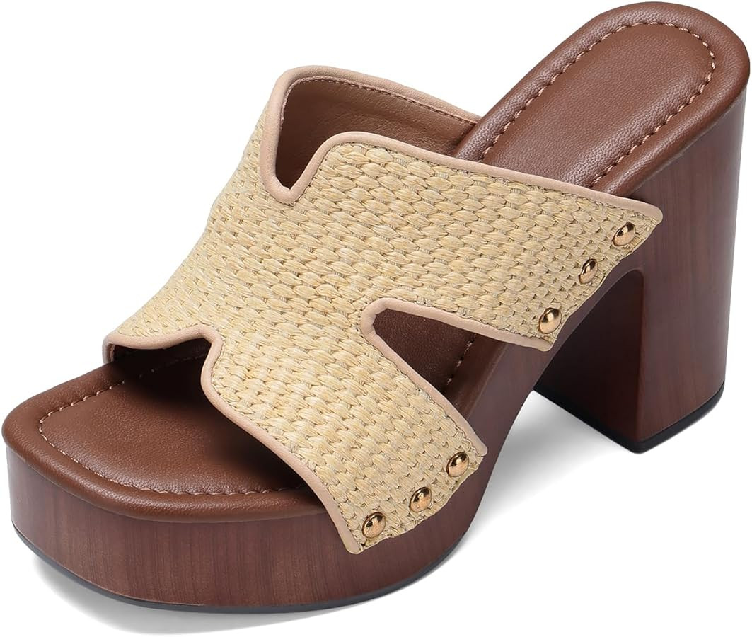 Uacllcau Platform Sandals for Women Espadrille Wedges Slides Slip On Raffia Heeled Sandals Women ... | Amazon (US)