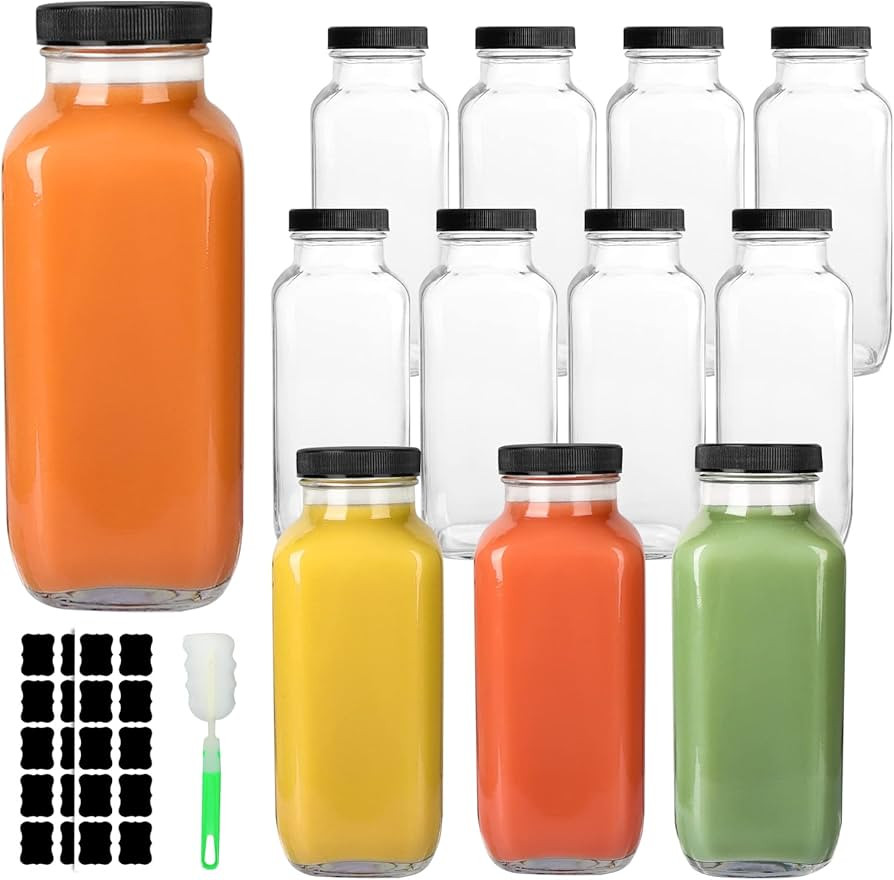 12 Pack Glass Drink Bottles, 16 OZ Vintage Square Water Bottles with Lids, Juice Bottles Beverage... | Amazon (US)