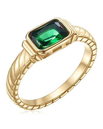 PALBOA Gold Emerald Rings Gold Rings for Women Dainty Green Rings Cut Emerald Gemstones CZ Non Tarnish Gold Rings 14K Gold Plated Rings for Women Band Size 8 | Amazon (US)