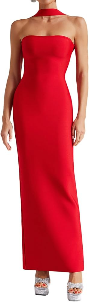 Black Strapless Sleeveless Maxi Evening Dress Sexy Halter Neck Slim Tight Party Banquet Bandage D... | Amazon (US)