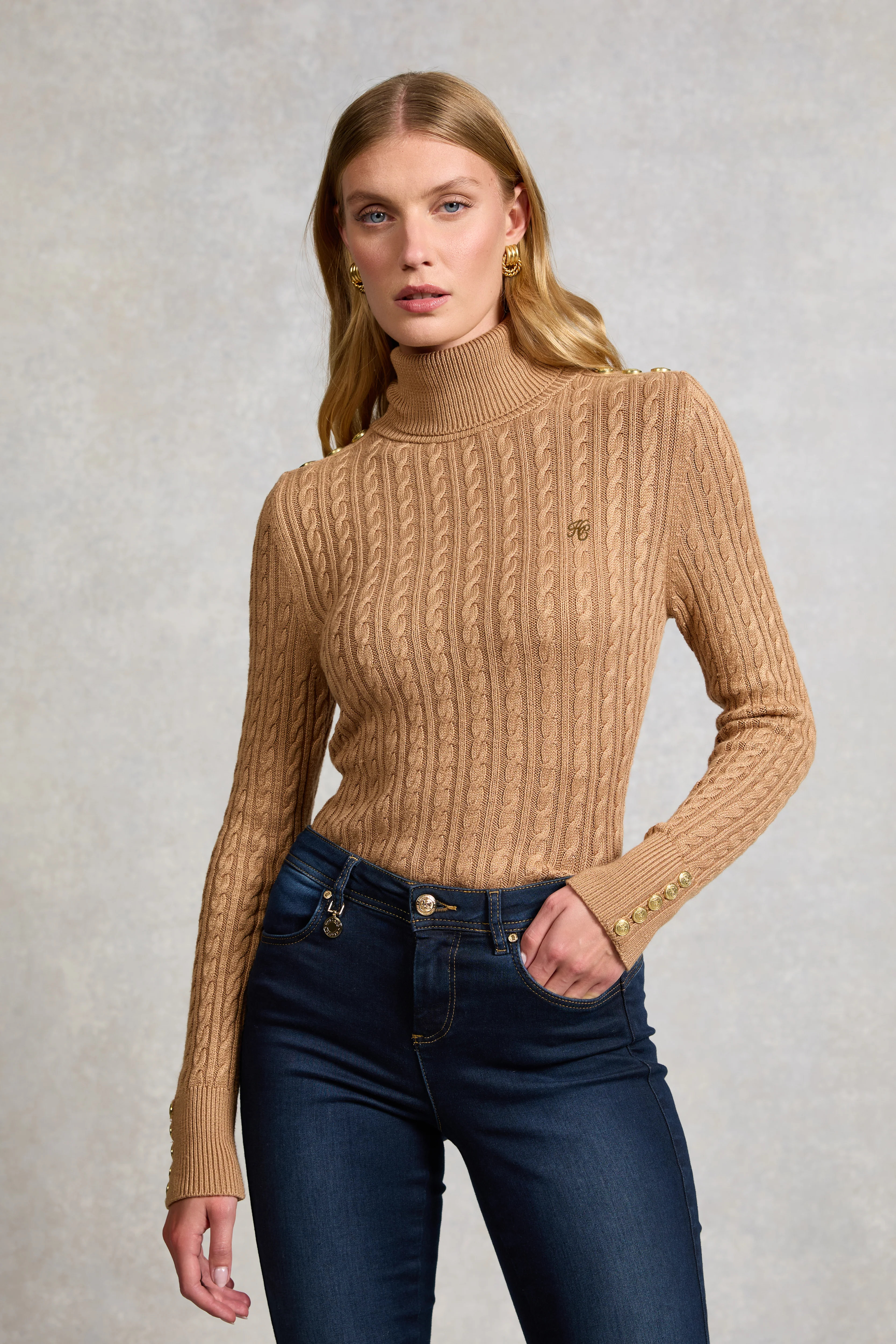 Seattle Roll Neck Cable Knit (Dark Camel Marl) | Holland Cooper