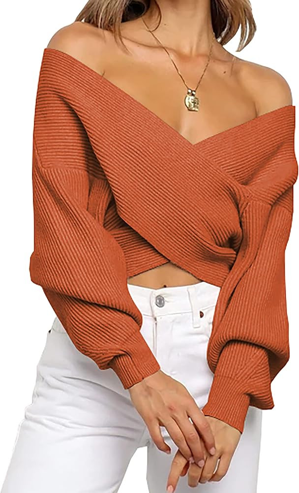 BTFBM Women Casual V Neck Long Sleeve Sweaters Cross Wrap Front Off Shoulder Asymmetric Hem Knitted  | Amazon (US)