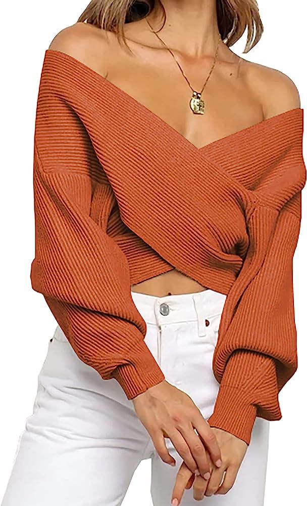 BTFBM Women Casual V Neck Long Sleeve Sweaters Cross Wrap Front Off Shoulder Asymmetric Hem Knitt... | Amazon (US)