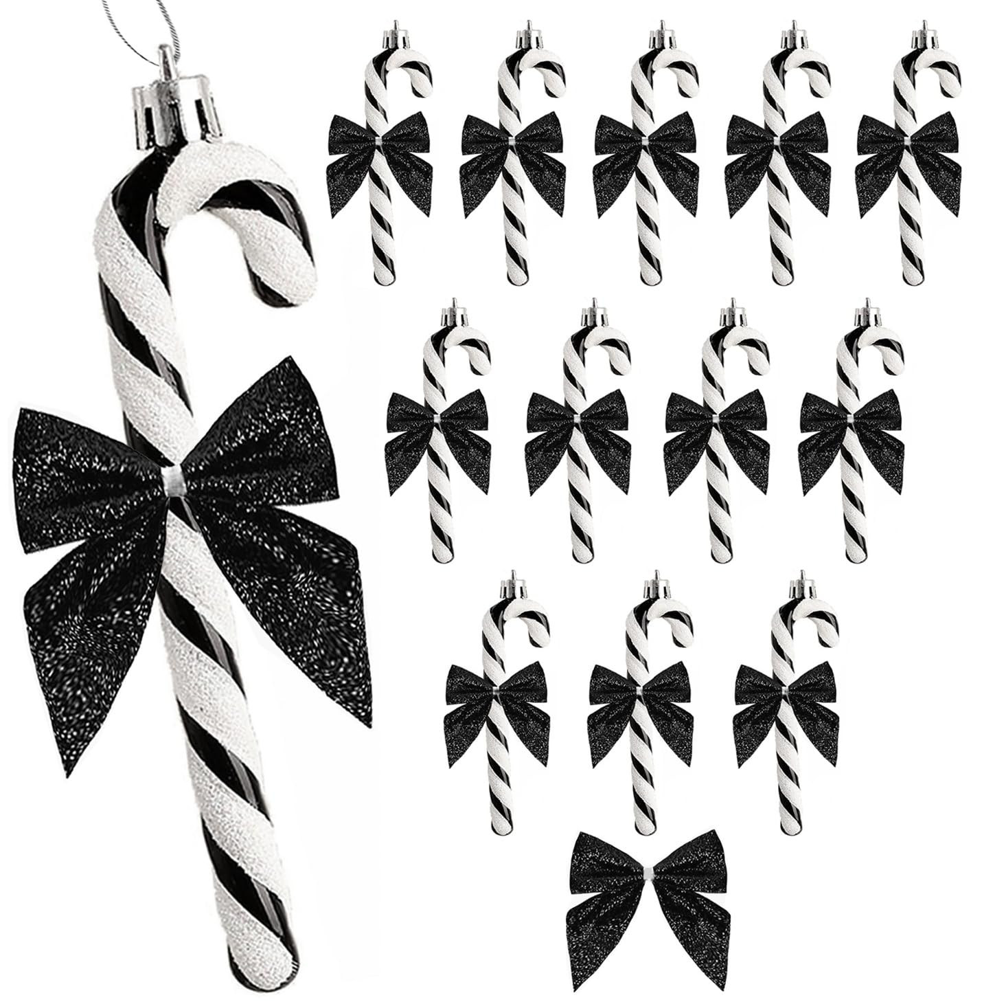 12Pcs Christmas Glitter Candy Cane with Bow Black Plastic Candy Cane Decoration Christmas Tree Ha... | Amazon (US)