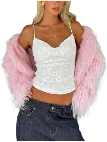GORGLITTER Women's Sequin Sexy Backless Night Concert Cowl Neck Halter Top | Amazon (US)