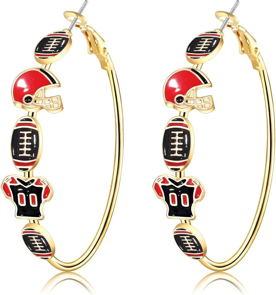 Football Earrings for Women Game Day Hoop Earrings Football Mom Accessories Enamel Red Black Foot... | Amazon (US)