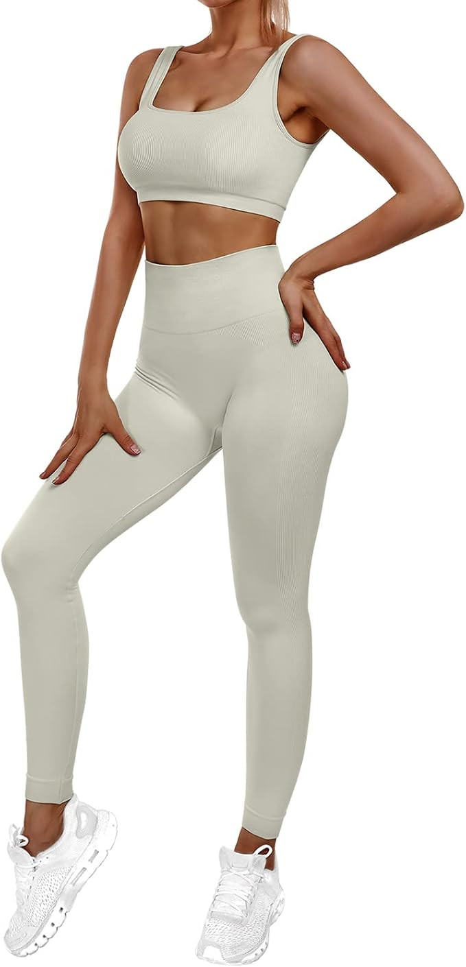 Sportneer Workout Sets for Women 2 Piece Ribbed Seamless Sports Bra and High Waist Leggings Match... | Amazon (US)