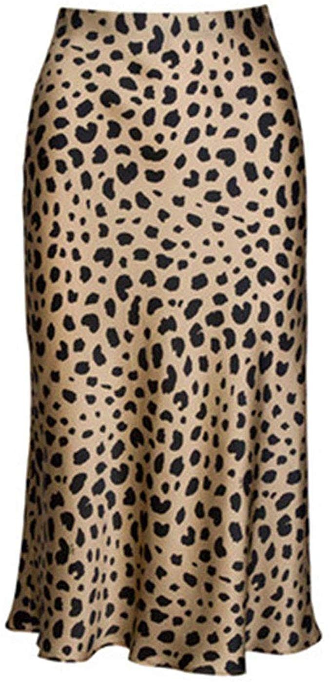 Keasmto Leopard Midi Skirt Plus Size for Women High Waist Silk Satin Elasticized Skirts | Amazon (US)
