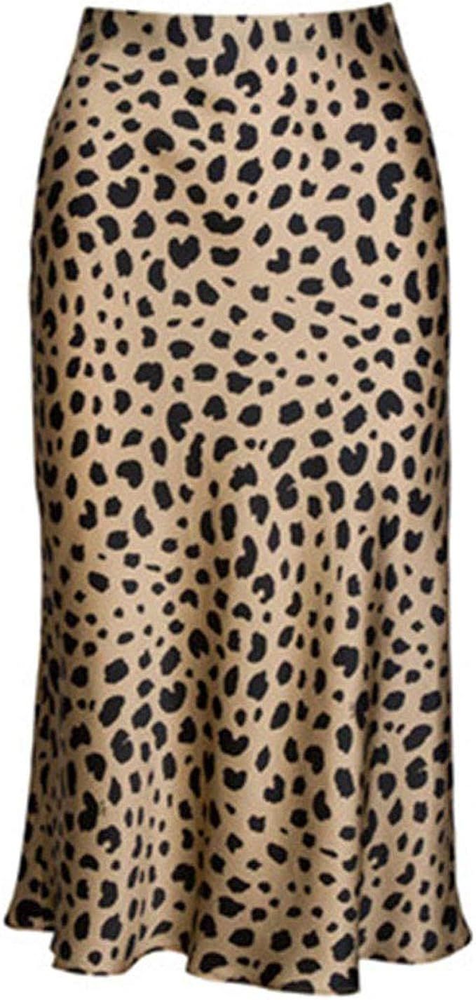 Keasmto Leopard Midi Skirt Plus Size for Women High Waist Silk Satin Elasticized Skirts | Amazon (US)