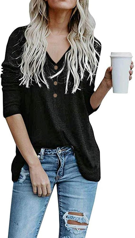 OUGES Women's Long Sleeve Button Loose Casual Blouses Tunic Tops | Amazon (US)