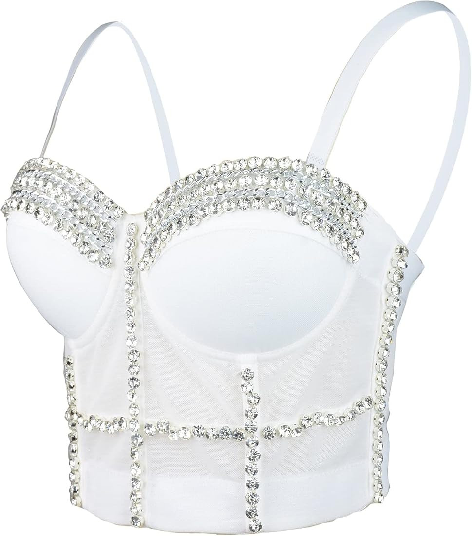 ELLACCI Women's White Diamond Chain Mesh Bustier Crop Top Push Up Corset Top Bralet with Detachab... | Amazon (US)