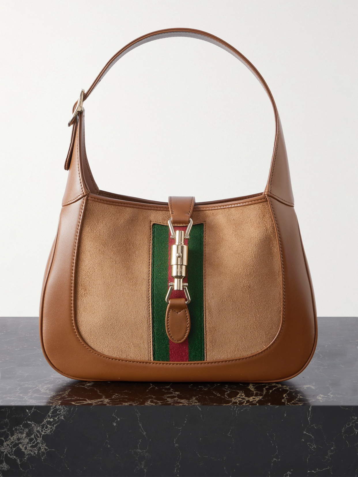 Gucci - Jackie 1961 Webbing-trimmed Suede And Leather Shoulder Bag - Brown | NET-A-PORTER (US)