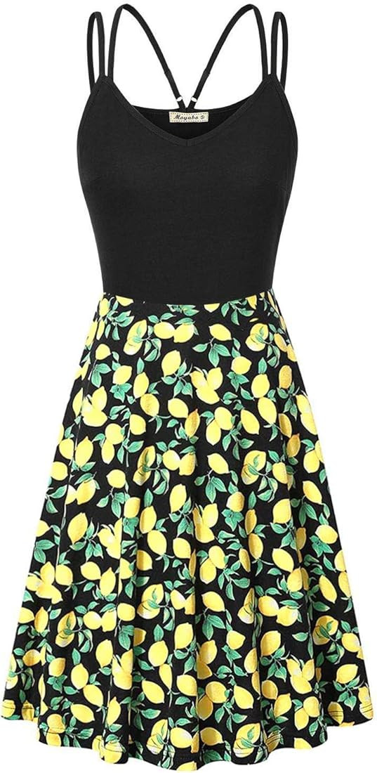 Moyabo Women's V Neck Sleeveless Floral Double Spaghetti Strap Summer Casual Swing Dress with Pocket | Amazon (US)