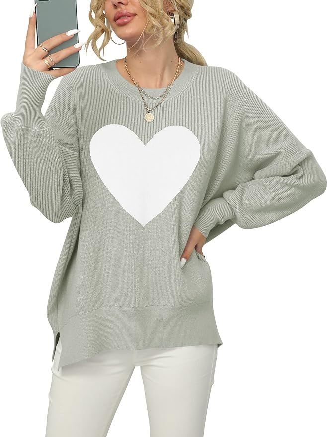 ANRABESS Women's Valentine's Day Heart Print Oversized Batwing Sleeve Knit Sweater Pullover Slit ... | Amazon (US)