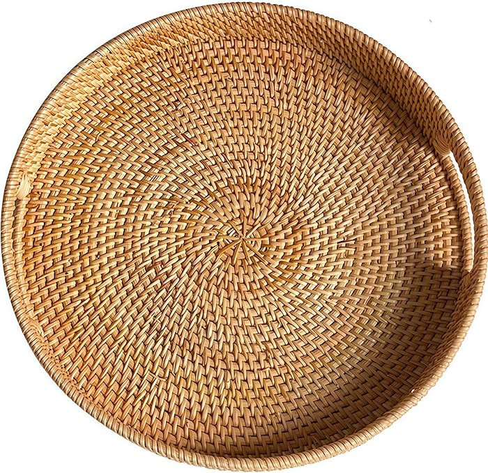 16.9" Round Rattan Tray, Hand Woven Serving Tray with Handles, Wicker Serving Basket, Decorative ... | Amazon (US)