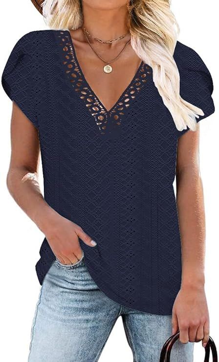 Women's Summer Tees Lace V-Neck Casual Cute T-Shirts Petal Sleeve Loose Tops Fashion 2024 | Amazon (US)