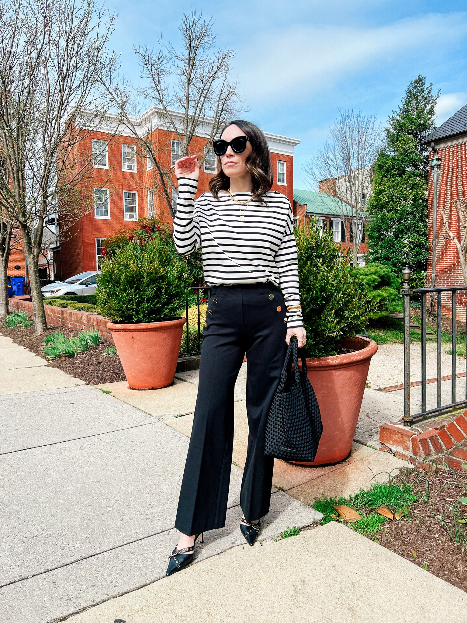 Spring workwear, black pants and a striped boatneck top 

#LTKover40 #LTKworkwear