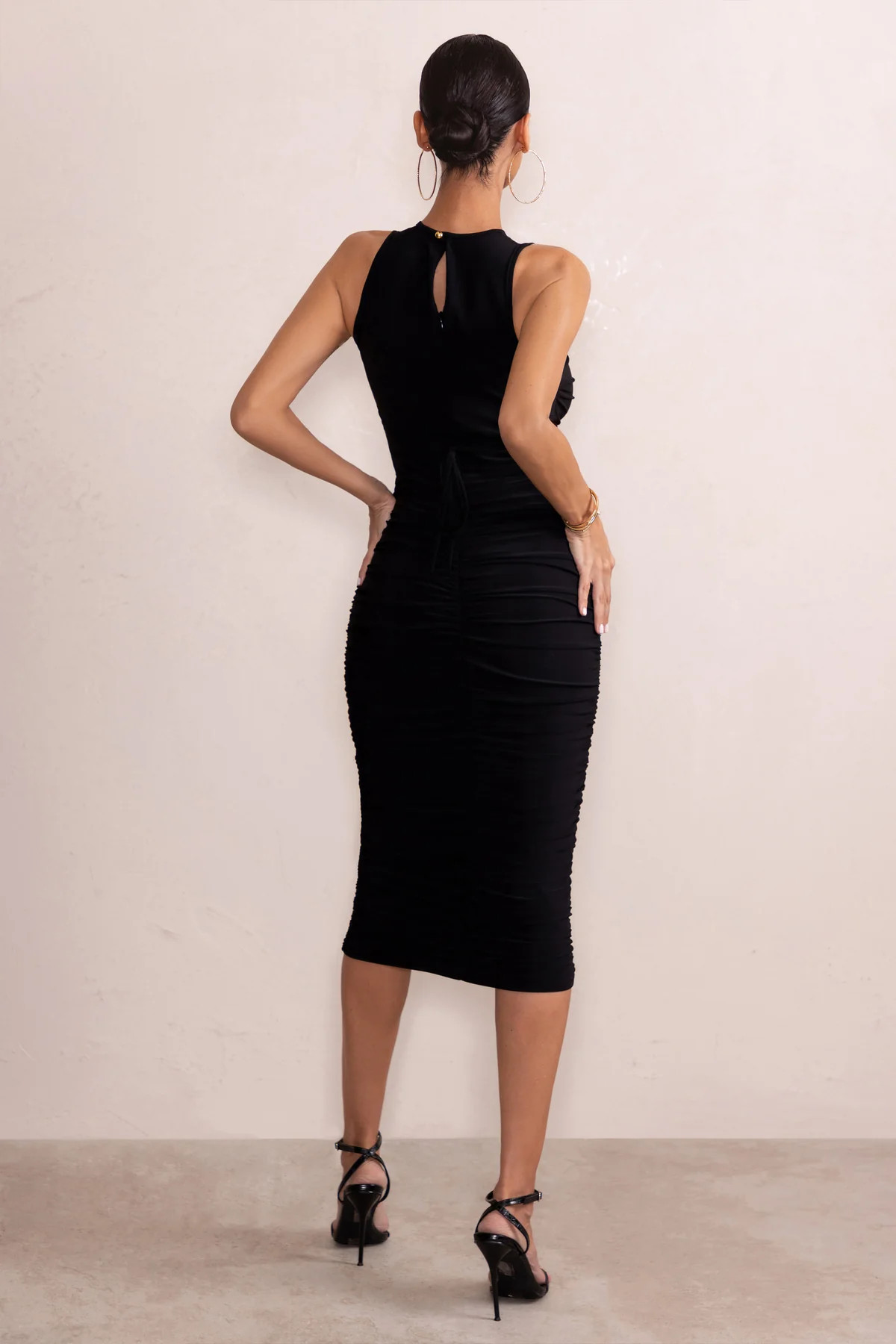 Enya | Black High Neck Cut Out Multi Strap Mesh Midi Dress | Club L London