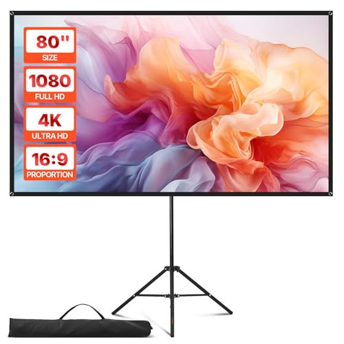 VEVOR Projector Screen with Stand, 80 Inch 160° Wide Angle Indoor Outdoor Projection Screen, 16:9 4K HD Wrinkleless Portable Tripod Screens with Carry Bag, for Movie Home Theater Office Presentation | Amazon (US)