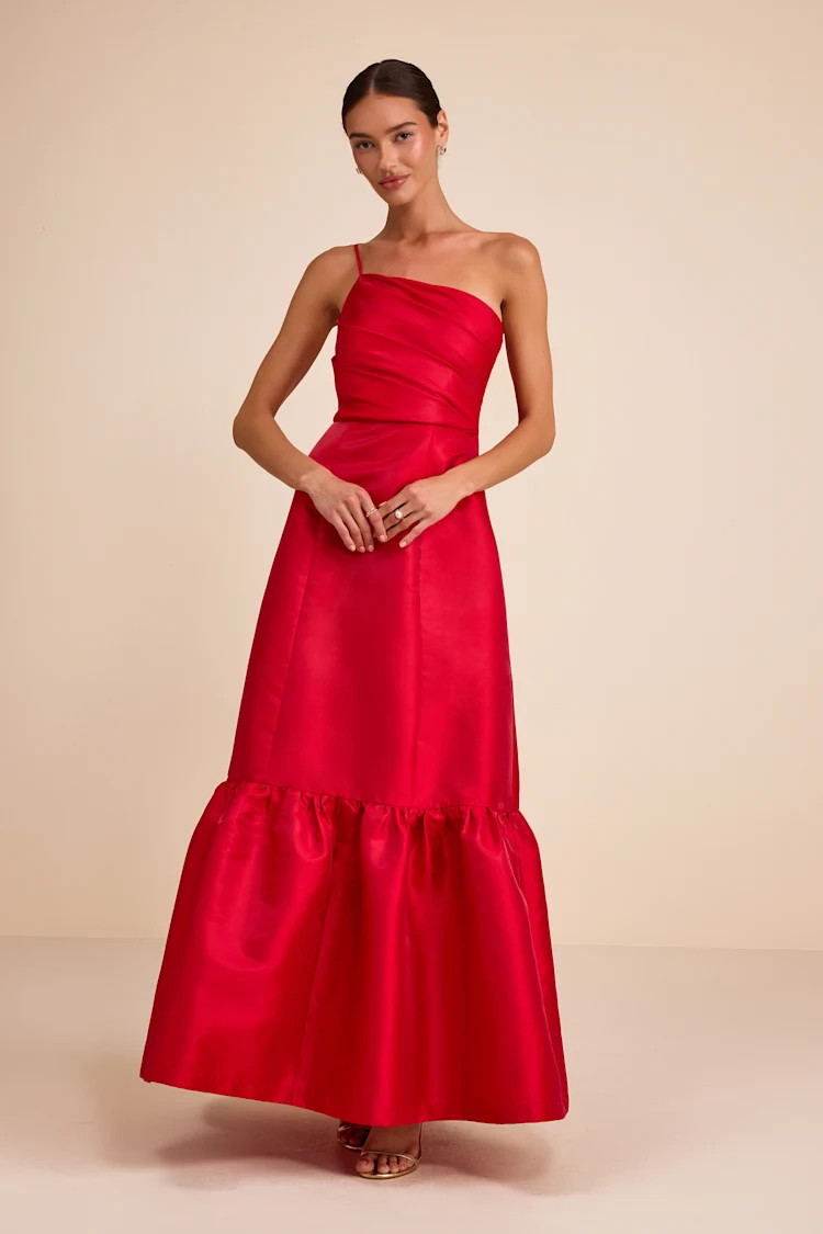 Coco Red Taffeta One-Shoulder Maxi Dress | Lulus