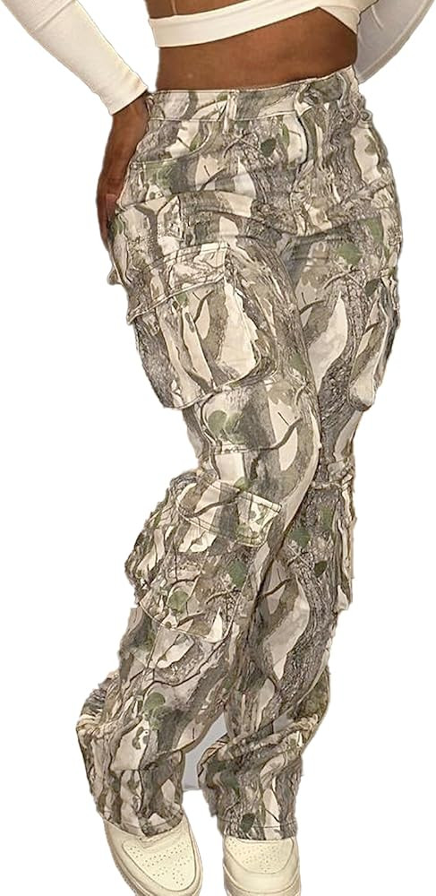 pnahip Women's Camo Cargo Pants High Waist Wide Leg Camouflage Army Fatigue Trousers with Pockets... | Amazon (US)