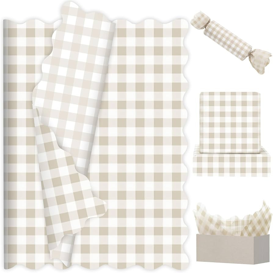 JarThenaAMCS 60 Sheets Gingham Tissue Paper with Scalloped Edge Beige Plaid Gift Wrapping Paper D... | Amazon (US)
