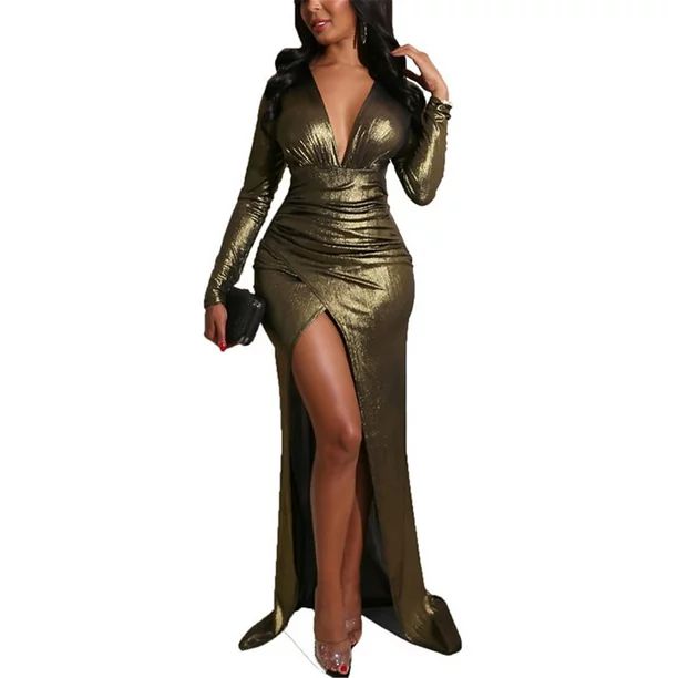 alextreme Women'S Long Sleeve Metallic Dress Sparkly Shiny Maxi Dresses Bodycon Club Party - Walm... | Walmart (US)