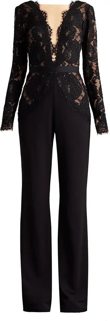 Mixed Media Plunge Neck Long Sleeve Cotton Blend Jumpsuit | Nordstrom