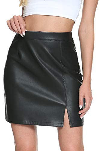 Fahsyee Leather Skirt, Black Women Faux Mini Elastic High Waist Plus Size Pencil Aline Bodycon Vegan Stretch Elegant Skirts S | Amazon (US)