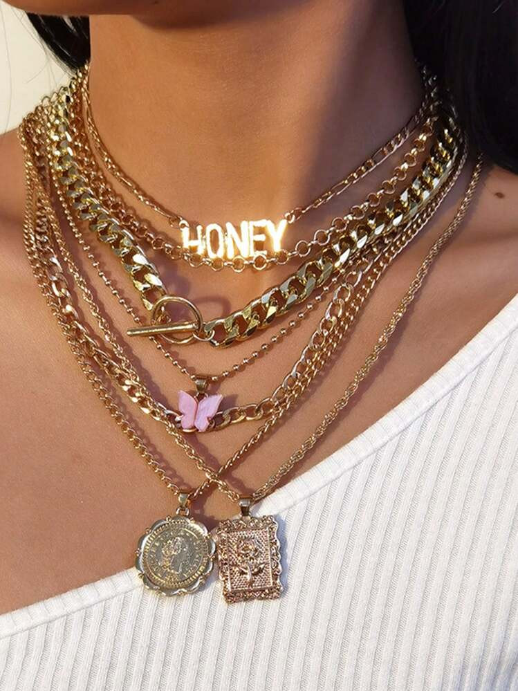 7pcs/Set Ins Style Simple Geometric Relief Portrait Hip-Hop Multilayer Butterfly Tassel Honey Let... | SHEIN