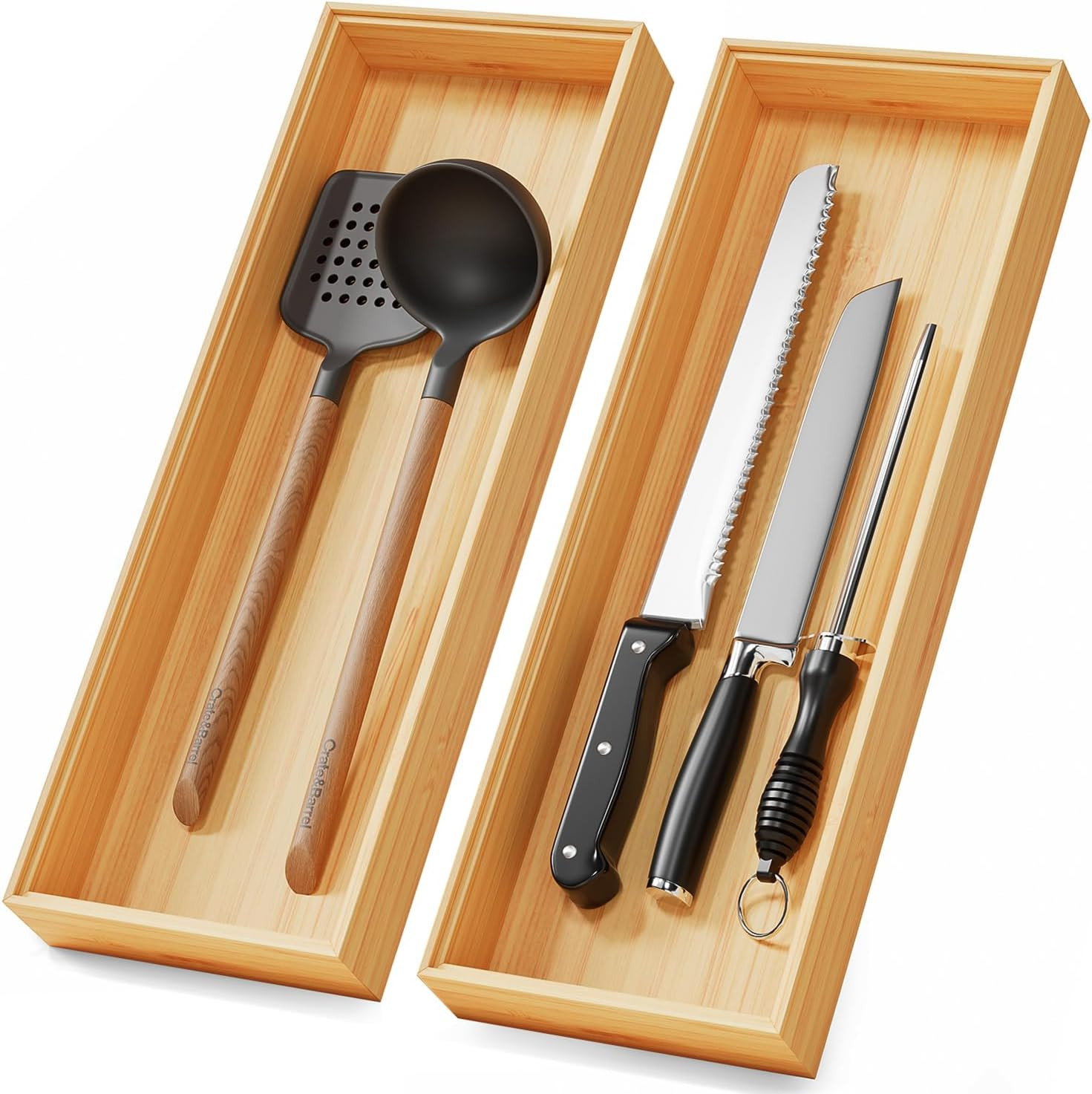 Long Bamboo Kitchen Drawer Organizer Boxes 17" x 6" Wood Pantry Organizers | Amazon (US)