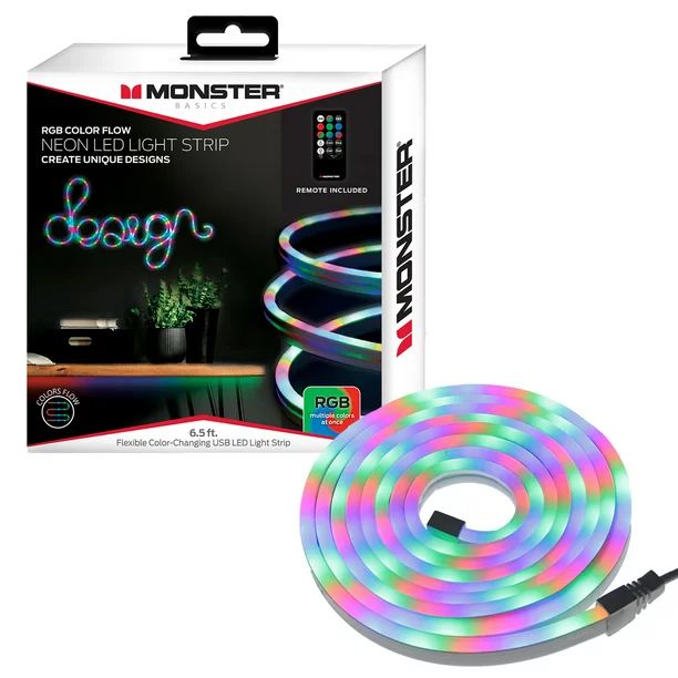 Monster Neon Flow Multi-Color LED Light Strip with USB Plug-in and Remote, 6.5 ft - Walmart.com | Walmart (US)
